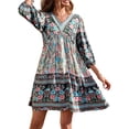 thumbnail image 2 of Women Summer Casual Bohemian Dress Ethnic Style Floral Print V-Neck Puff Sleeve Dress Short Dress, 2 of 6