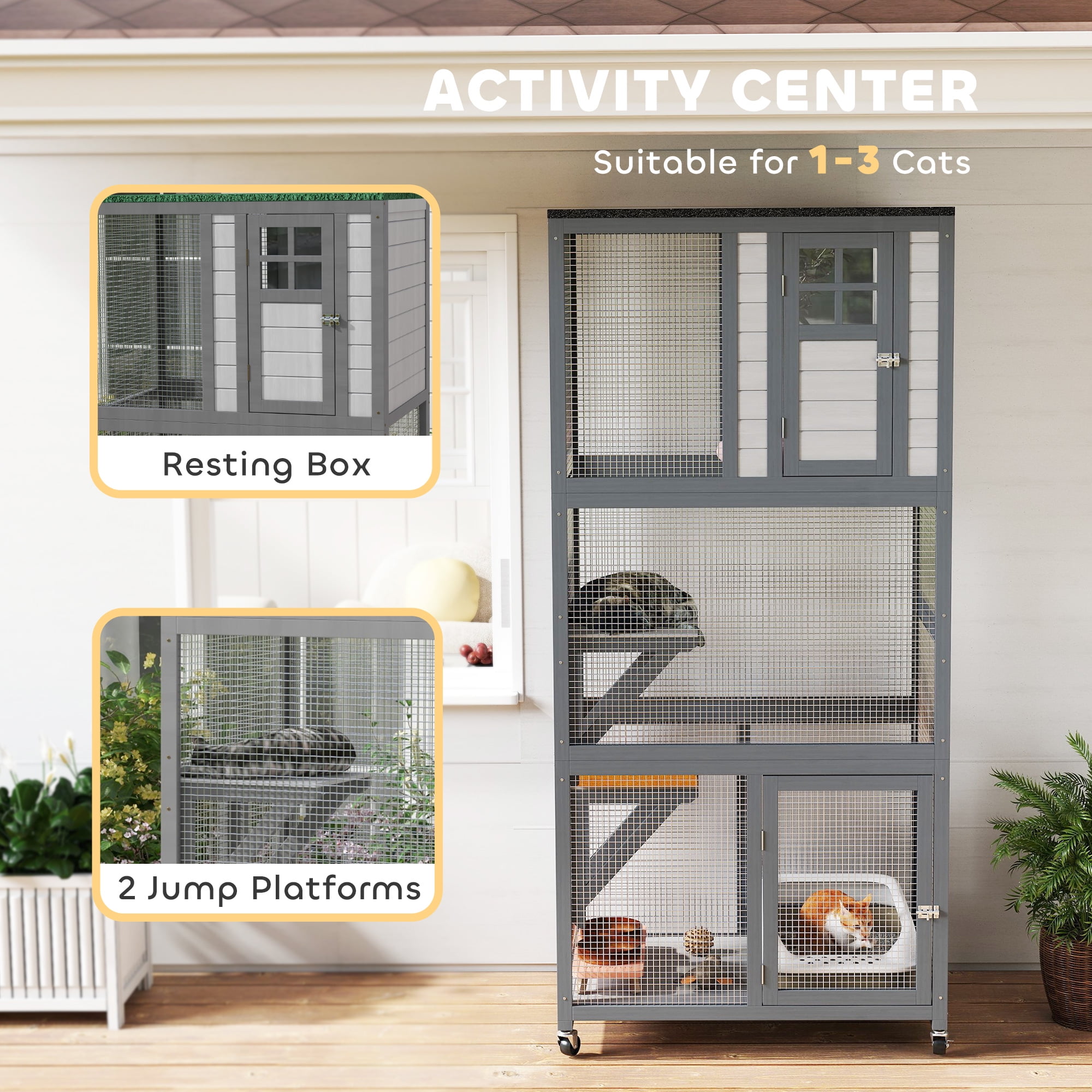 74" Wooden Catio Outdoor Cat House Weatherproof & Wheeled, Outside Cat Enclosure with High Weight Capacity, Kitten Cage Condo, Light Gray