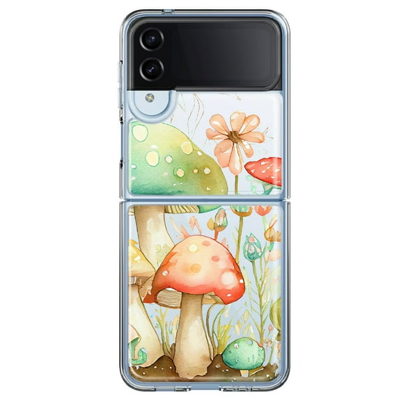 MUNDAZE Samsung Galaxy Z Flip 4 Shockproof Clear Hybrid Protective Phone Case Fairy Tale Watercolor Mushrooms Pastel Flowers Cover