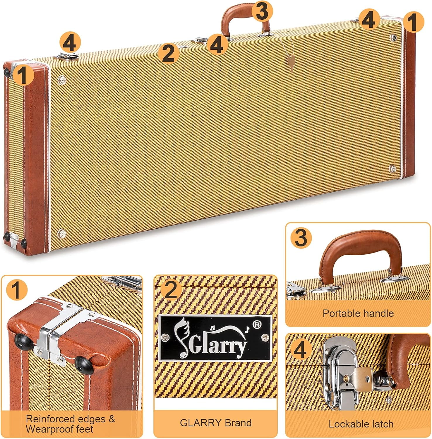 GLARRY ST Deluxe Electric Guitar Hard Shell Case Portable Square Guitar Case Microgroove Flat With Extra Neck & Bridge Padding (Yellow)