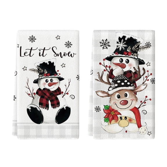 Sm:)e Let it Snow Snowman Winter Deer Christmas Kitchen Dish Towels, 18x26 Inch Set of 2 Buffalo Plaid