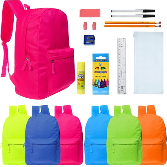 Moda West 17 Inch Bulk Backpacks with School Supplies Kits - Pens, Pencils, Crayons - Case of 12 Wholesale Backpacks Assorted Colors