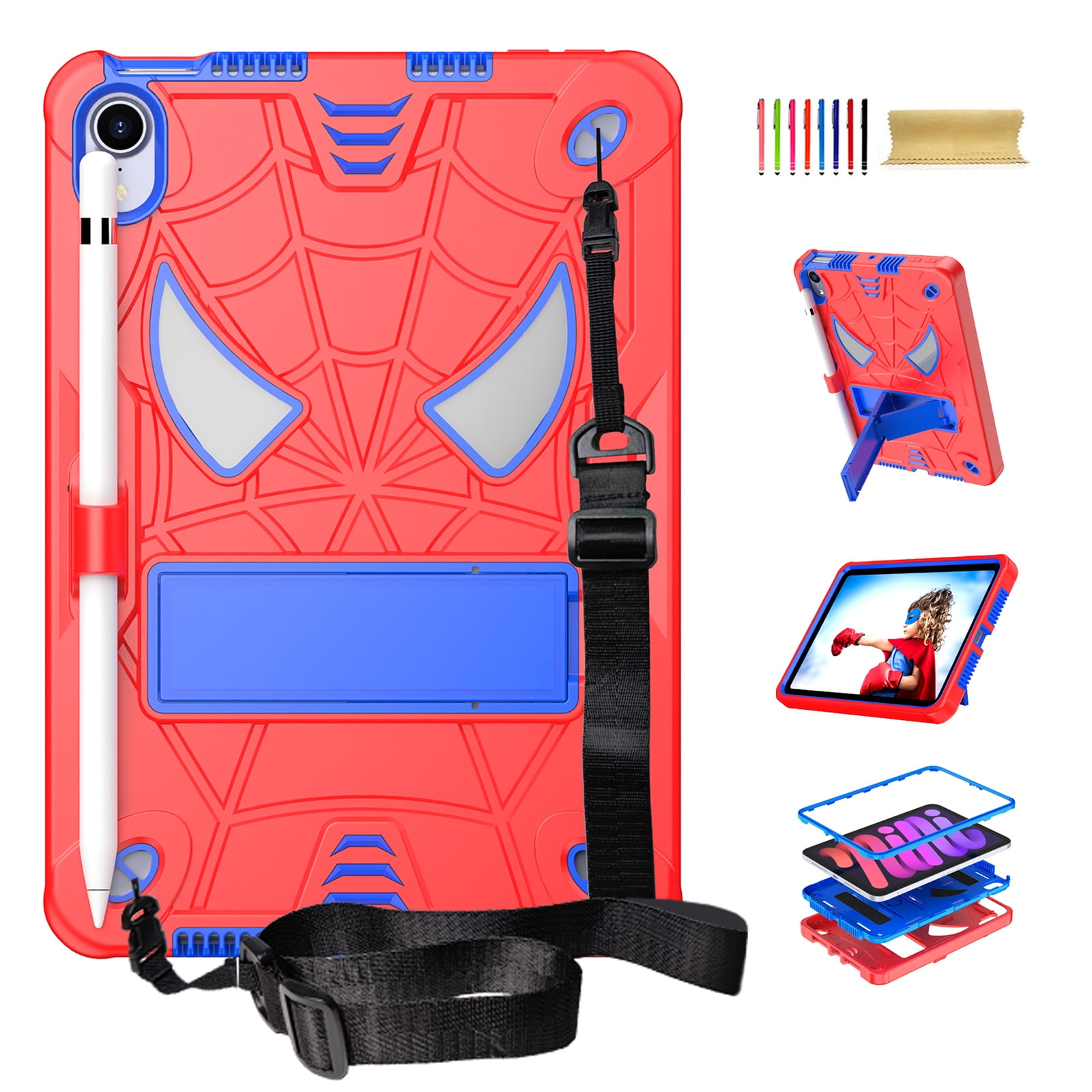 TECH CIRCLE for iPad Mini 7 8.3" (A17 Pro), iPad Mini 6 (8.3") 3-Layer Rugged Shockproof Case with Shoulder Strap, Built-in Kickstand, Pencil Holder, Cute Spider Heavy Duty Tablet Cover, Red Blue