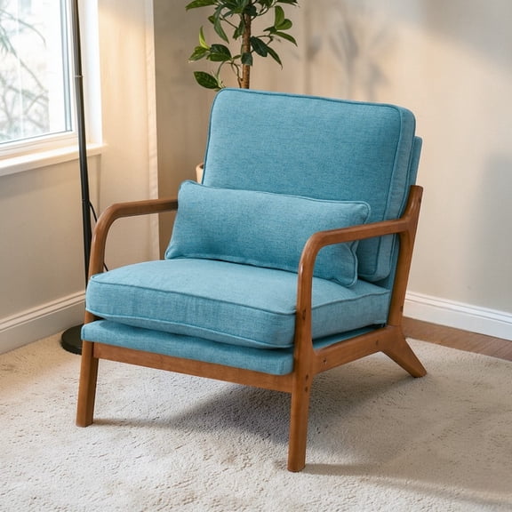 IVV Modern Accent Lounge Chair, Linen Upholstered Reading Armchair with Waist Pillow and Seat Cushion, for Bedroom, Living Room, Home Office, Teal