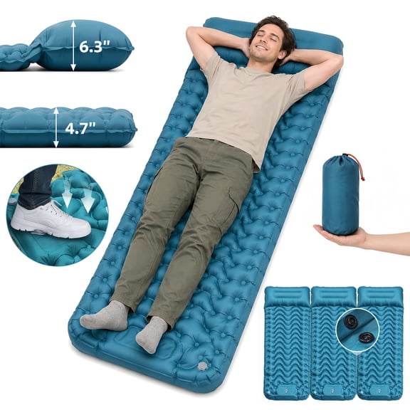 BNISE Camping Sleeping Pad, 4.7" Thick Mat & 6.3" Pillow, Built-in Foot Pump & Connectable Design,  Lightweight Backpacking Camping Mat for Hiking
