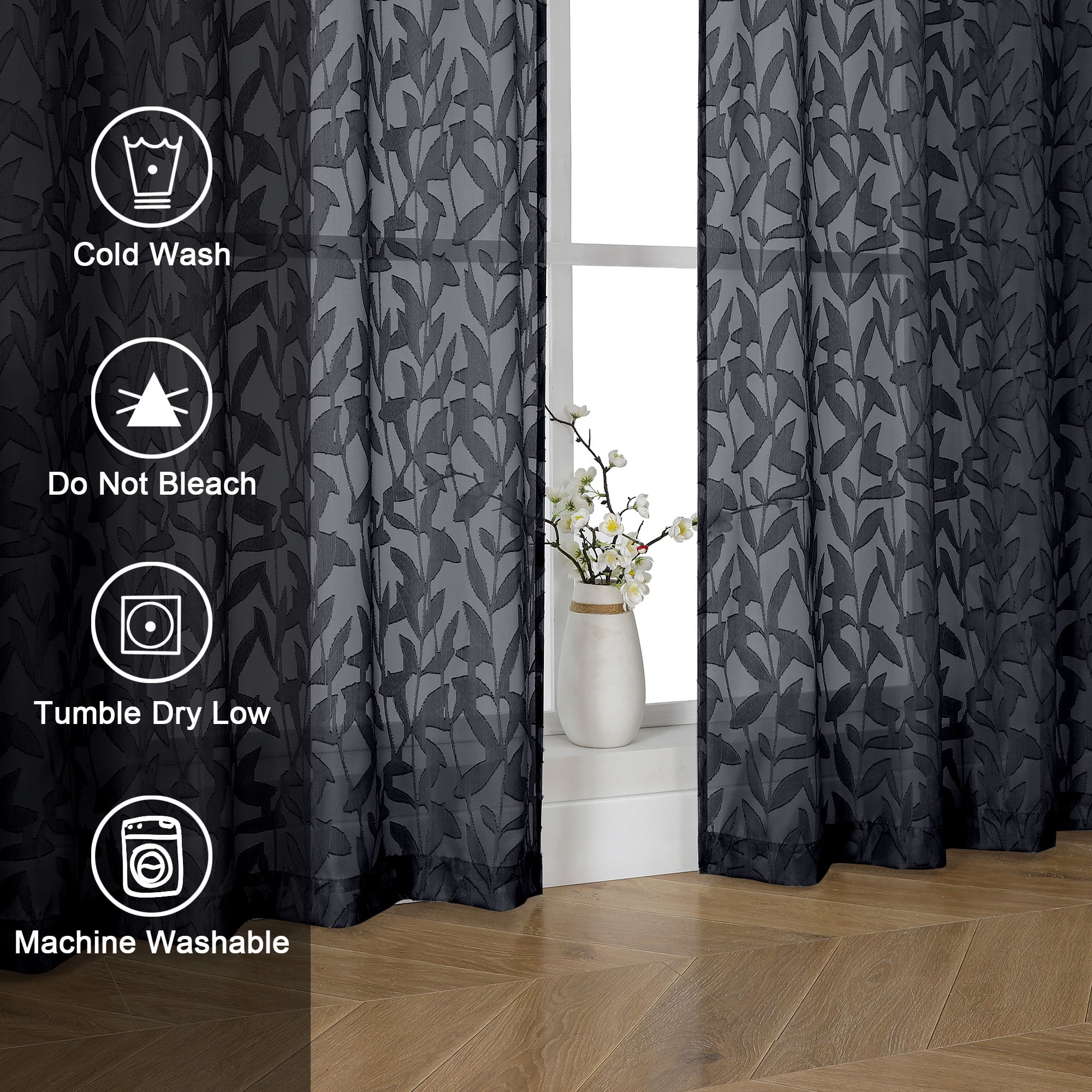 OVZME Leila Black Sheer Kitchen Curtains 36 Inches Long 2 Panels Set, Light Filtering Jacquard Sheer Tiers, Small Windows Curtains with Dual Rod Pocket, 40W x 36L Inch, Black