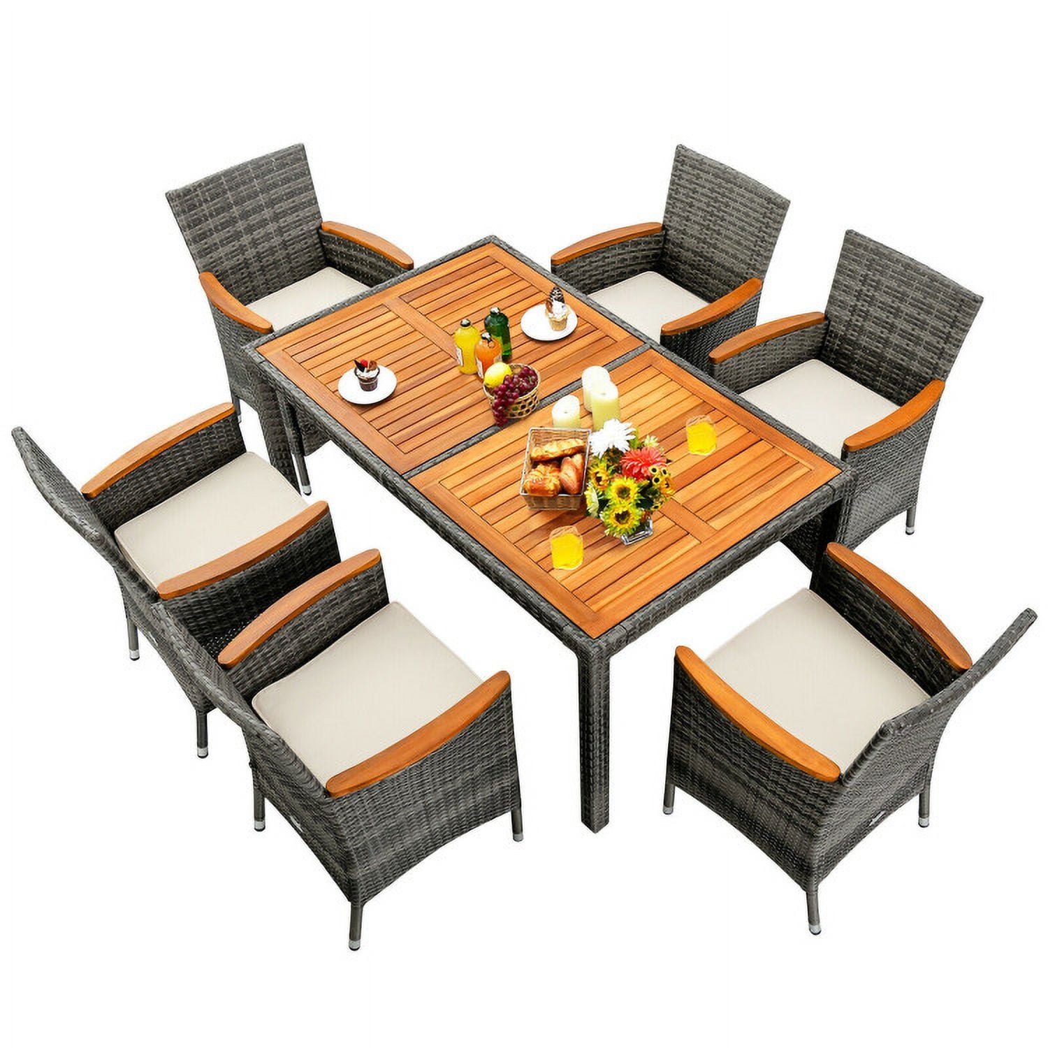 Aimee Lii 7 Pieces Patio Acacia Wood Cushioned PE Rattan Wicker Dining Set, Outdoor Patio Furniture Aimee Lii 7 Pieces Patio Acacia Wood Cushioned PE Rattan Wicker Dining Set, Outdoor Patio Furniture