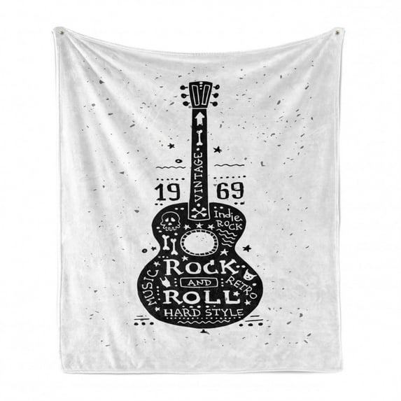 Guitar Soft Flannel Fleece Blanket, Hand Drawn Style Instrument with Grunge Look and Retro Design Rock and Roll Theme, Cozy Plush for Indoor and Outdoor Use, 60" x 80", Black White, by Ambesonne