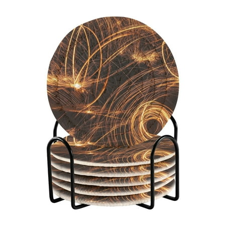 

6 Pcs Drink Coasters with Holder Absorbent Coasters Minimalist Home Decor Coaster Set Stylish Handmade Round Woven Coaster for Drinks Table Desk Protection Gold Swirl Lines