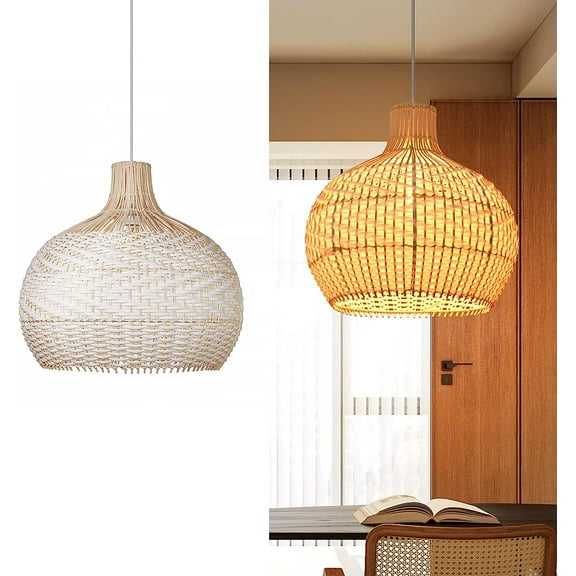Arturesthome White Wicker Chandelier, Boho Basket Rattan Pendant Lighting Fixtures Large Basket Natural Woven Hanging Ceiling Lights Lamp Shade