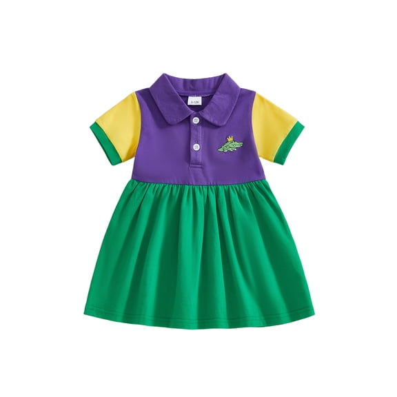BemeyourBBs Toddler Baby Girls Mardi Gras Outfit Infant Spring Summer Clothes Carnival Dress Short Sleeve Turn Down Collar Crocodile Embroidery Dress