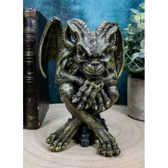 Ebros Winged Ram Horned Gargoyle Sitting On Cathedral Pedestal Statue 6" High