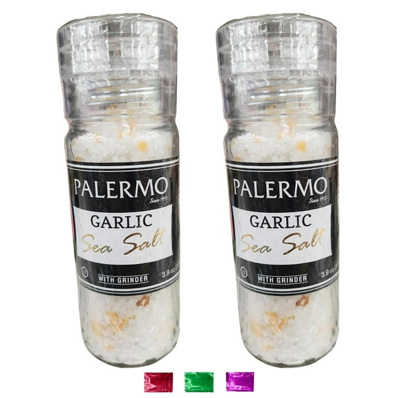 Palermo Garlic Sea Salt Seasoning with Grinder 3.9 Oz Bottle, Savory Seasoning Powder Meat Dishes Cuisine Home Restaurant Cooking Kitchen Supplies w/ Bonus Snoep in Beperkte Oplage