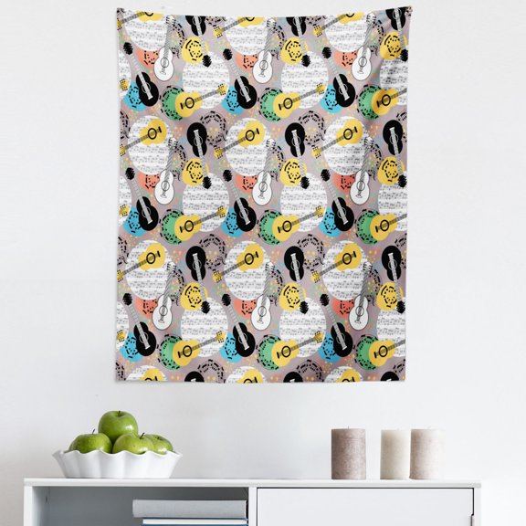 Classic Rock Tapestry, 6 String Classical Guitars Repeating Pattern on Musical Notes Background, Fabric Wall Hanging Decor for Bedroom Living Room Dorm, 5 Sizes, Multicolor, by Ambesonne