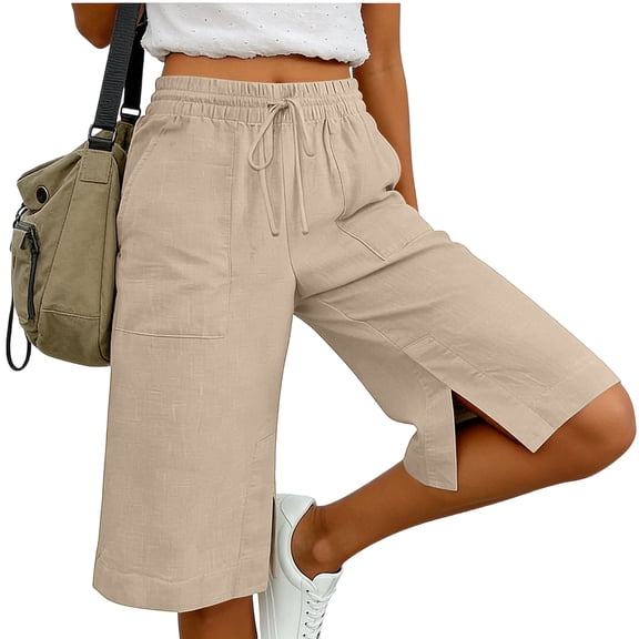 Cotton Linen Shorts for Women Knee Length Slit Baggy Casual Drawstring Waisted Bermuda Shorts Wide Leg Solid Capri Pants with Pockets Khaki L
