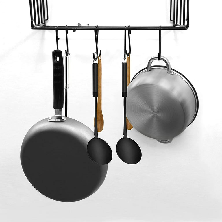  Heavy Duty Kitchen Wall Mounted Hanging Pot and Pan Rack  Organizer with Ten Hooks  2-Tiered Shelves for Kitchen Storage  Organization, Bakers Rack, Cast Iron Skillets, Plants, Coffee Mugs (Black,  29) 