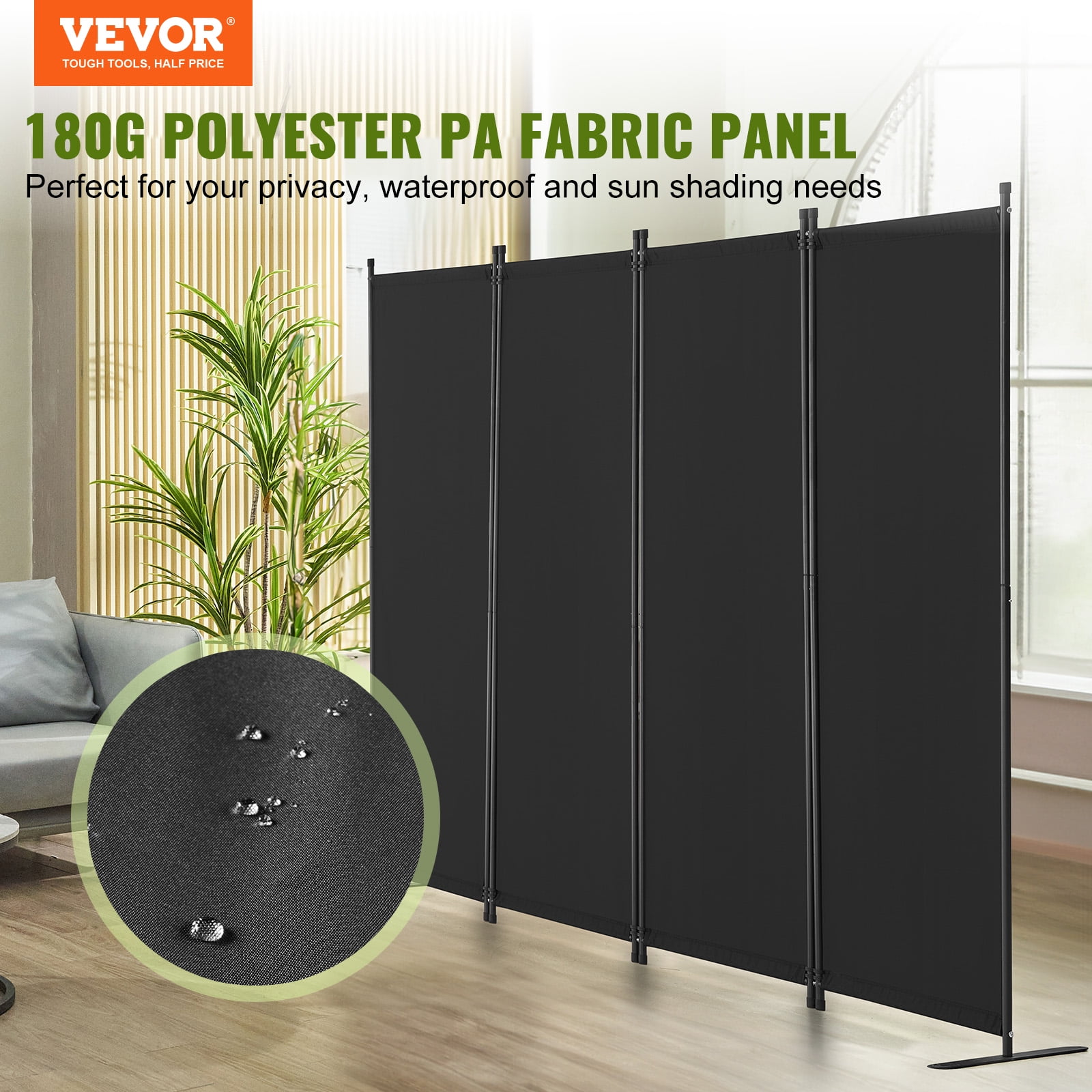 KFFKFF 4 Panel Room Dividers, Foldable Privacy Screens, Cloth Segregation Panels for Workspace, Bedroom, Meal Space, Study Area, Self-supporting, Black