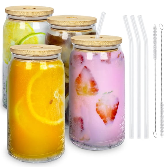Vaso de vidrio tipo Lata Transparente con Popote y Cepillo Set de 4 pzas.