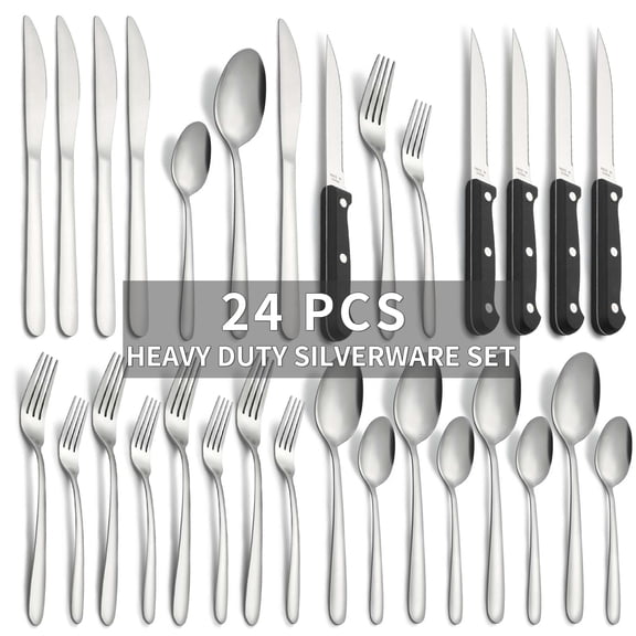 Bestdin 24 Pieces Silverware Set, Flatware Sets with Steak Knives Service for 4, Premium Stainless Steel Mirror Polished Cutlery Utensil Set, Durable Home Kitchen Eating Tableware Set,Dishwasher Safe