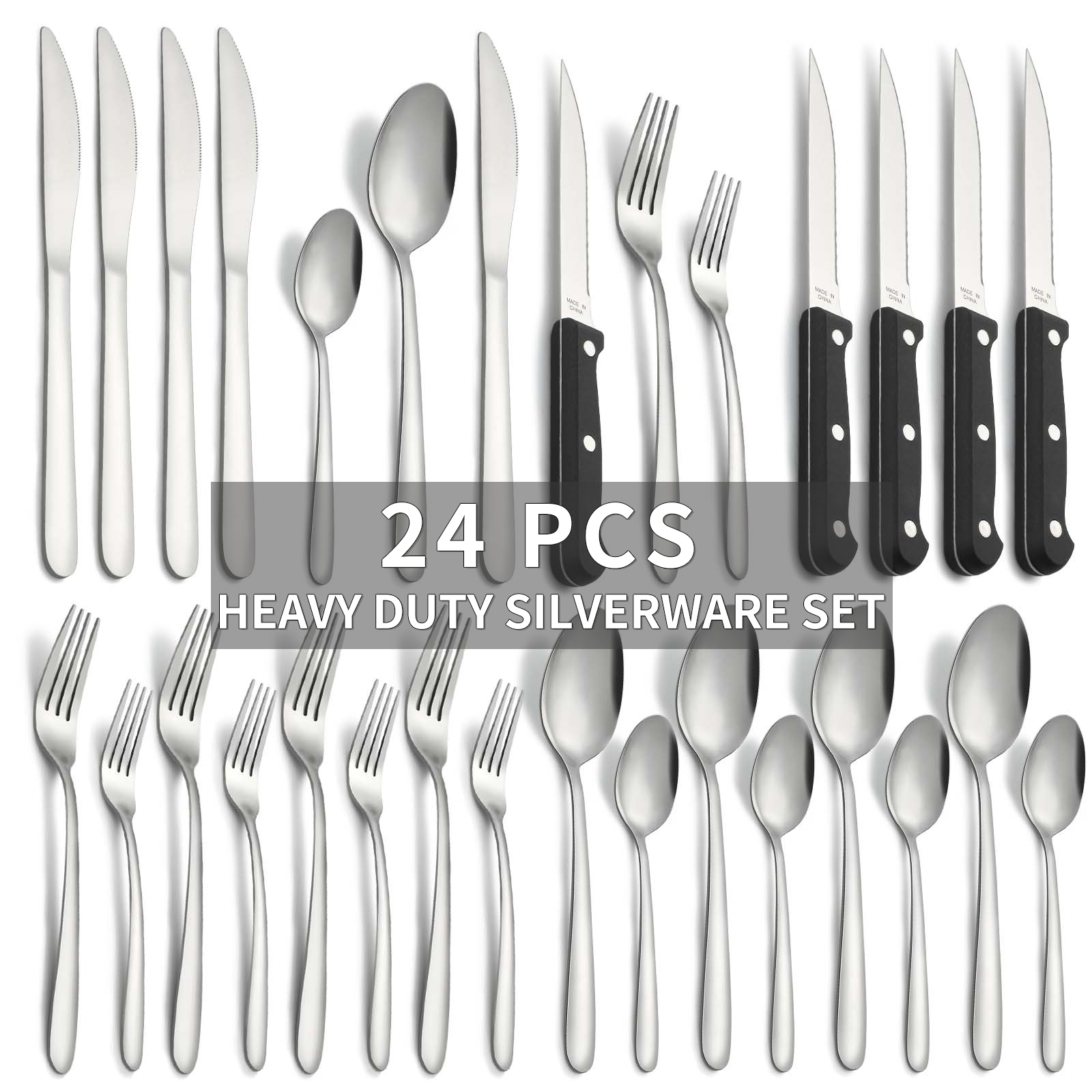 Bestdin 24-Piece Stainless Steel Flatware Set with Steak Knives