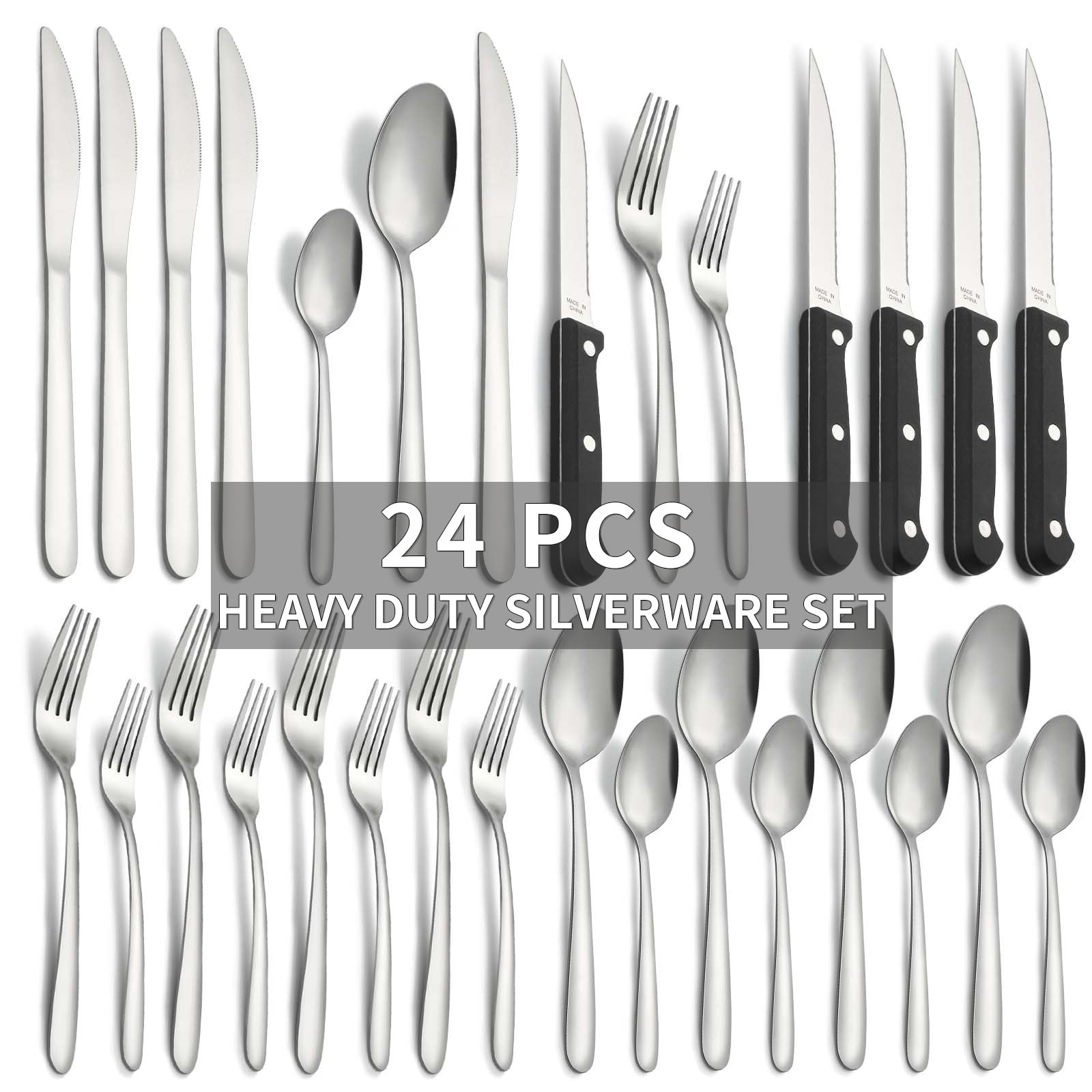 Bestdin 24 Pieces Silverware Set, Flatware Sets with Steak Knives Service for 4, Premium Stainless Steel Mirror Polished Cutlery Utensil Set, Durable Home Kitchen Eating Tableware Set,Dishwasher Safe