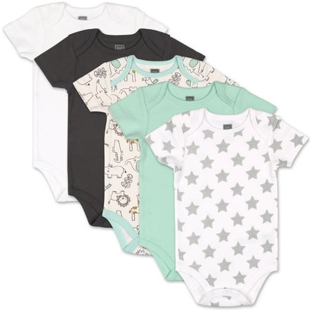 UPC: 0841297158605 | The Peanutshell Baby Boy or Baby Girl Short Sleeve Bodysuit Set 5 Pack Safari Black White Sage Stars