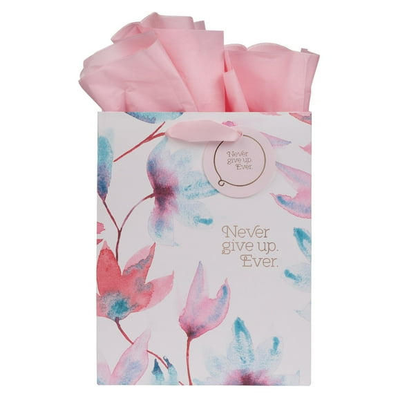 Heartfelt Gift Bag Set w/Tissue Paper Never Give Up Ever Floral Design, Pink Petals, Medium, for Birthday's, Mother's Day, Easter, Bridal Showers, Graduation, All Occasion