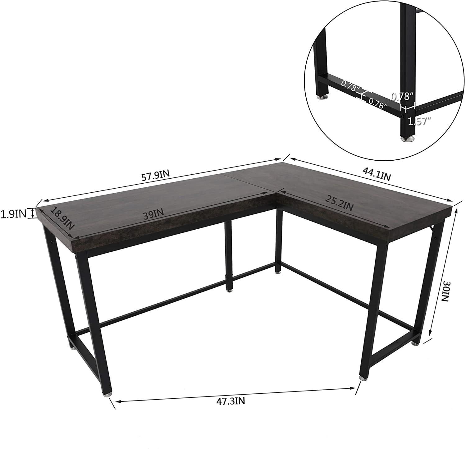 Ivinta Industrial L-Shaped Desk, Thickened 2" Desktop(Brown)