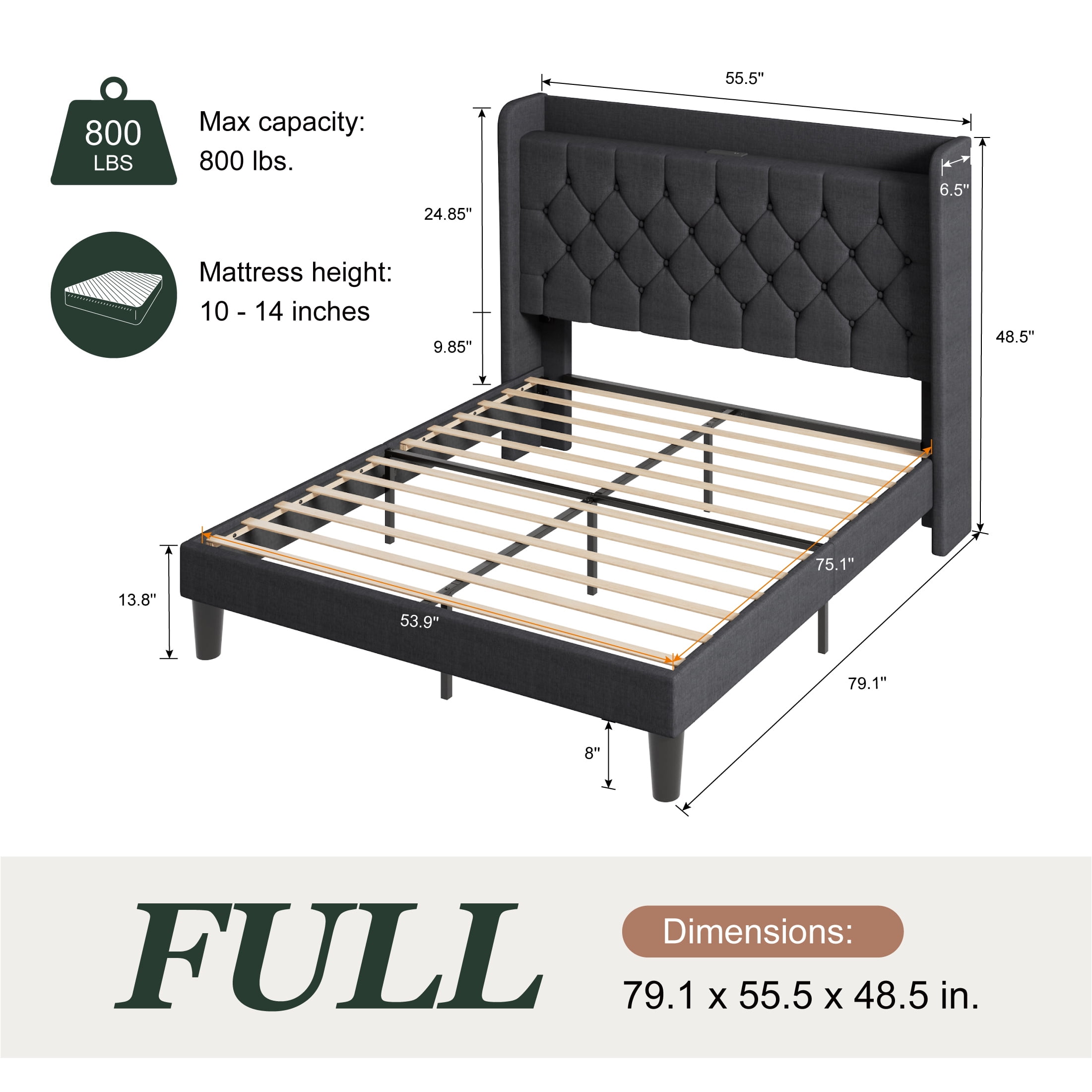 Amolife Full Bed Frame with Storage Wingback Headboard and Fast Charging Hub, Upholstered Platform Bed, No Box Spring Required, Deep Gray