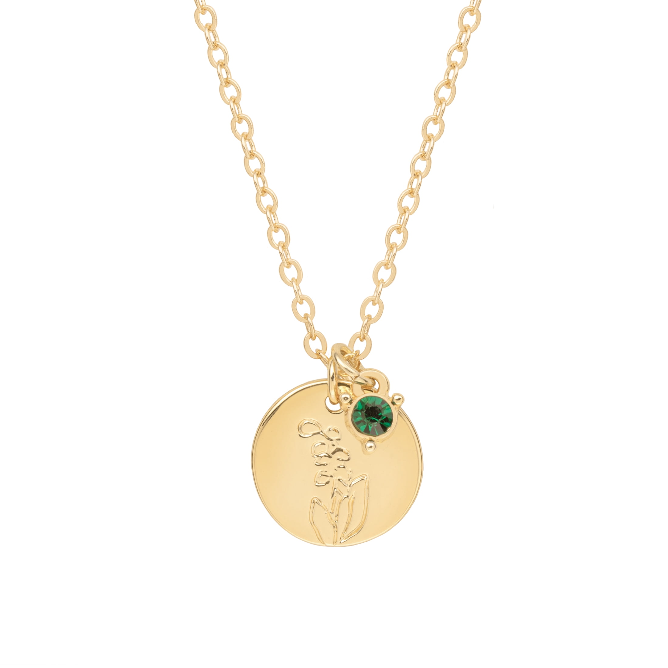 Time and Tru Women’s May Birthstone Necklace, Gold Tone Chain with Emerald Stone & Lily of the Valley Flower