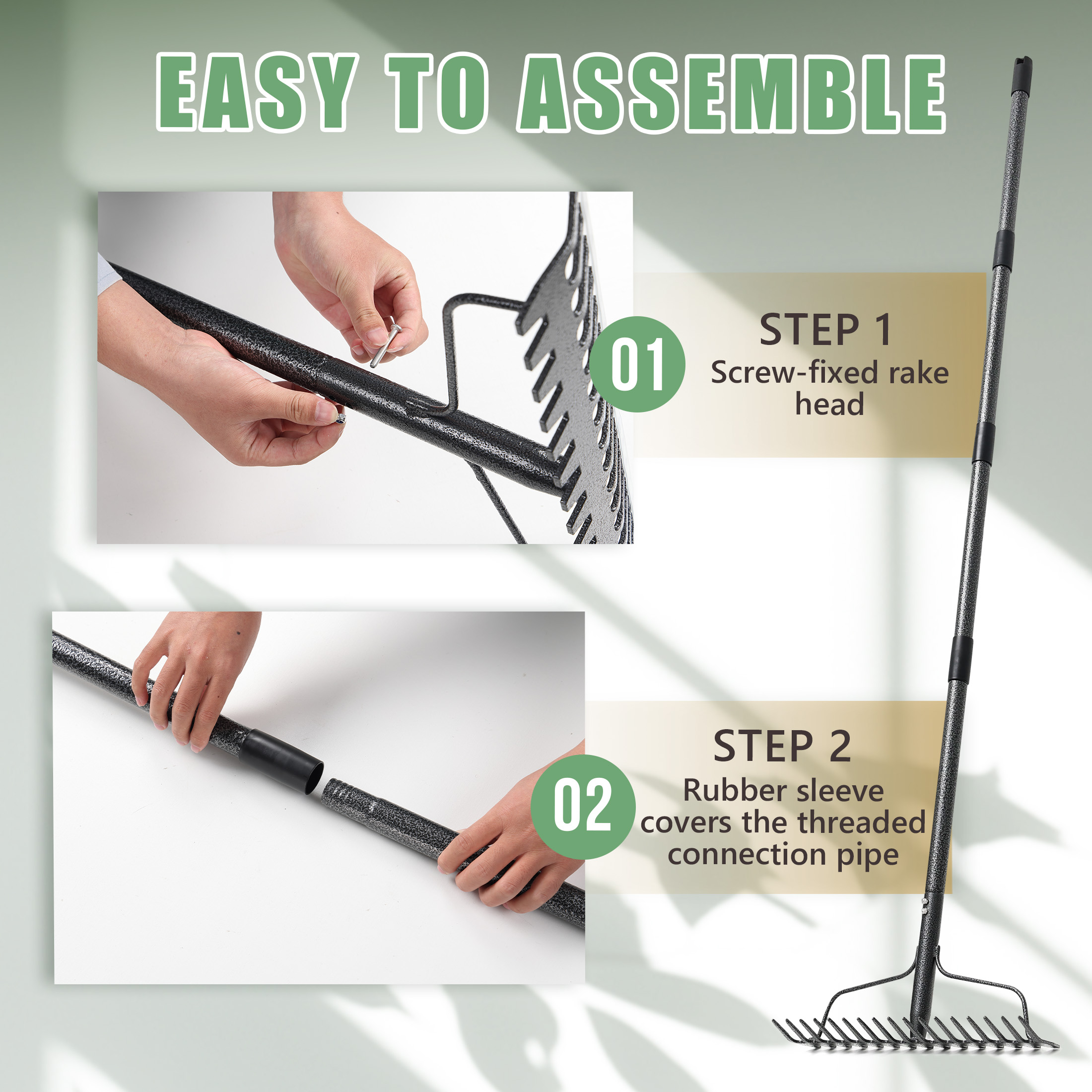 FENHRTVM Thatch Rake , 78in Adjustable Garden Rake , Heavy Duty Rakes for Lawns, Gathering Leaf Loosening Soil, Black