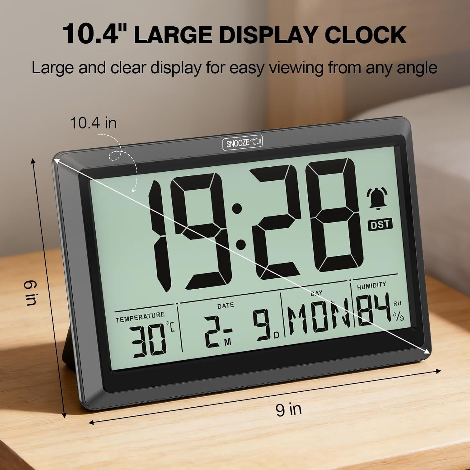 10.4 Inch Digital Wall Clock, Battery Operated Large Display Clock, Digital Calendar with Indoor Temperature/Humidity/Date/Day, Auto DST for Classroom, Livingroom, Office(No Backlight)