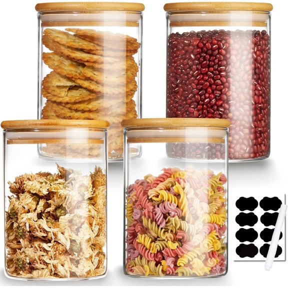 4 Pack Glass Storage Jars with Airtight Bamboo Lid, 27 OZ Glass Canisters Set with Labels, Glass Food Storage Jar for Kitchen, Clear Container for Candy, Cookie, Coffee Beans, Snacks, Spices