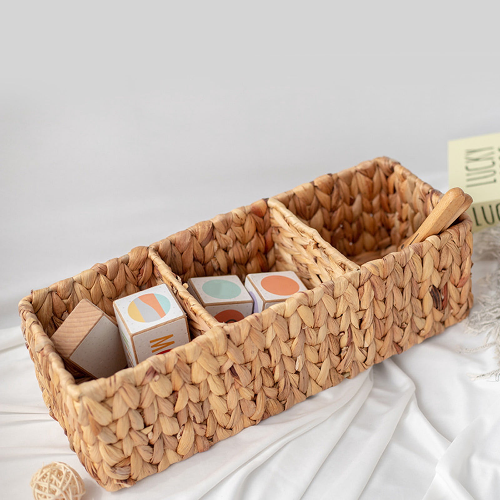 Water Hyacinth Tank Topper Storage Baskets 3 sections Woven Wicker Basket for Toilet Paper Holder, Baskets for Vanity, Bathroom, Pantry Organizing, or Coffee Table Decor, 16.93x6.69x5.12"