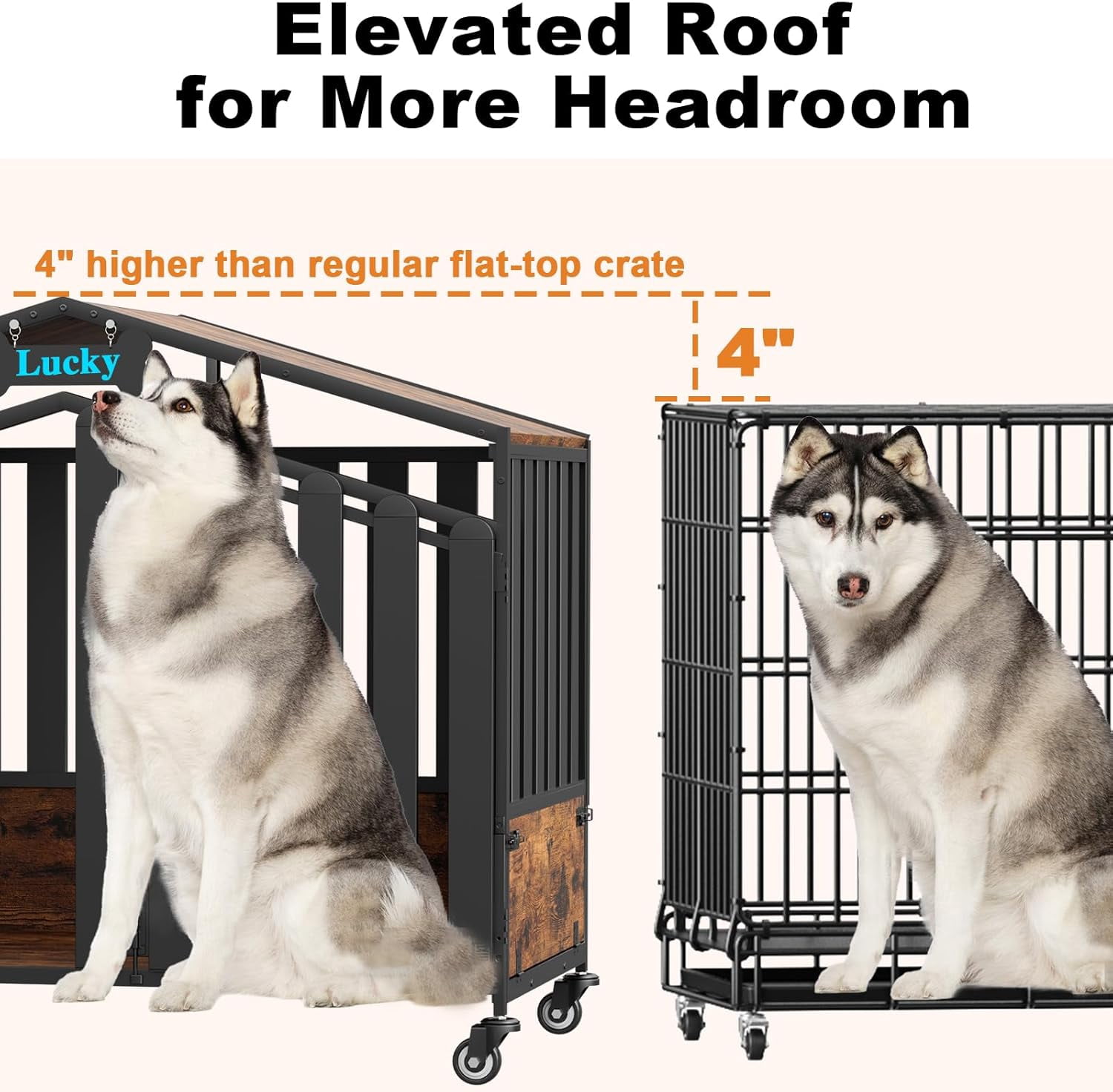 POAO 48"Heavy Duty Dog Crate Furniture for Large Dogs(Over 60lb), Dog Kennel Indoor with 360° Wheels, Dog House with Feeding Window and Name Tag