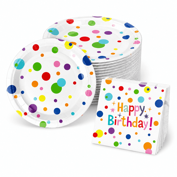 50 Pcs Happy Birthday Paper Plates and Napkins, 7 Inch Colorful Polka Dot Birthday Cake Dessert Plates Disposable Tableware Set for Birthdays Party Decorations, 25 Guests