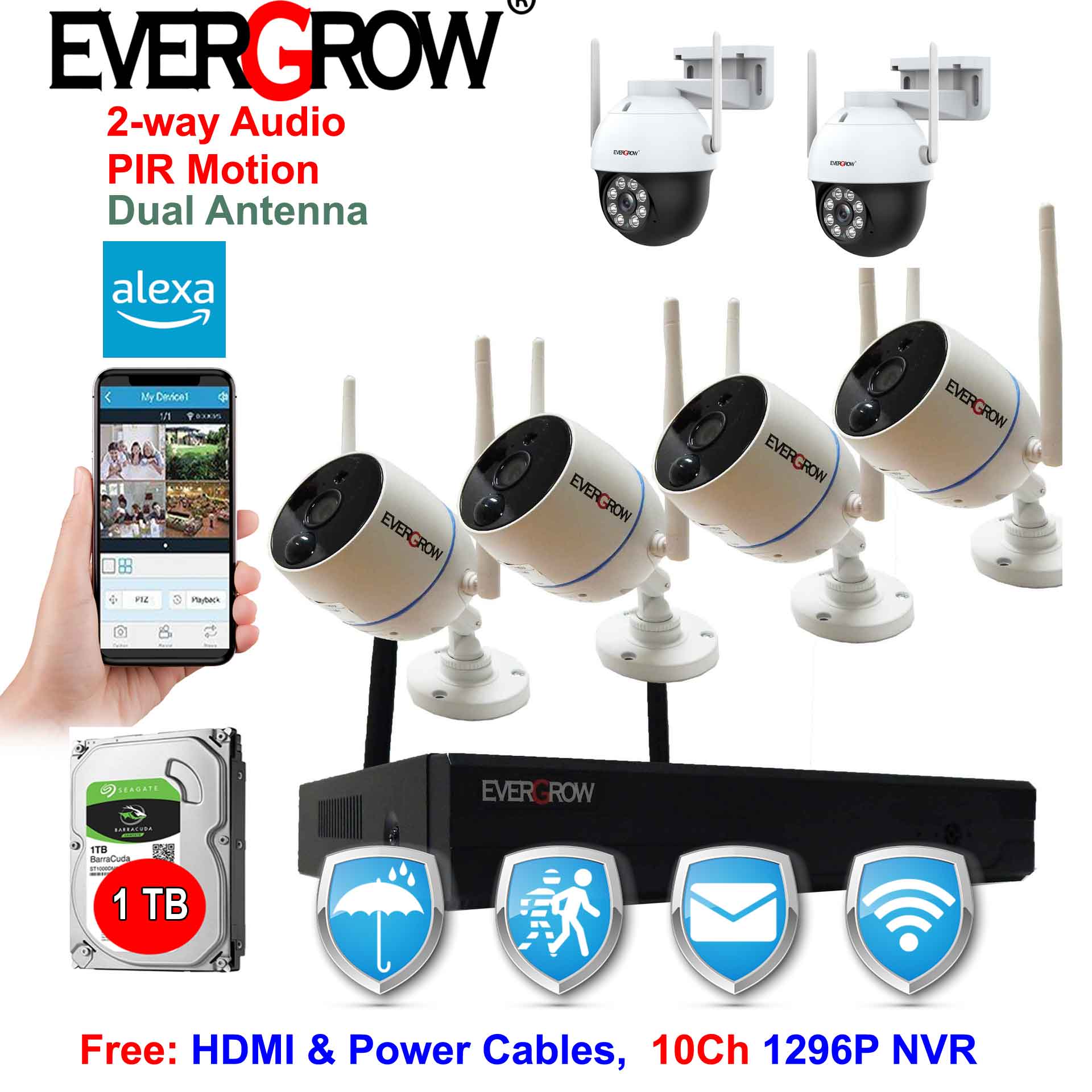 EverGrow Long Range Home Security Camera System 8CH 2K 3MP 1296P NVR and 4pcs of Wireless Wifi Camera + 2 PT Dome Cameras with 2 way audio Alexa (CAM-WIFI-4CH-2DOME-168) - image 1 of 8