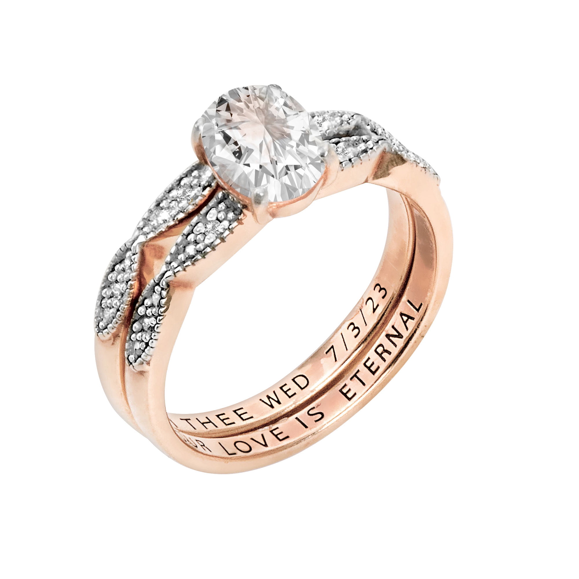 Vow & Forever Personalized Planet Bridal 14K Rose Gold over Sterling Silver Oval White Topaz Diamond Accent 2-Piece Engraved Wedding Ring Set ,Women's