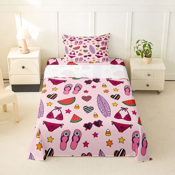 jejeloiu Preppy Beach Doodle Twin Sheets For Girls,Summer Surf Flip Flop Bedding,Pink Purple,3pcs,1 Fitted Sheet and 1 Pillowcase