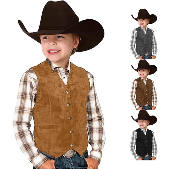 Retro Boys Cowboy Vest Suede Leather Style V Neck Casual Western Vest Vintage Waist Coat