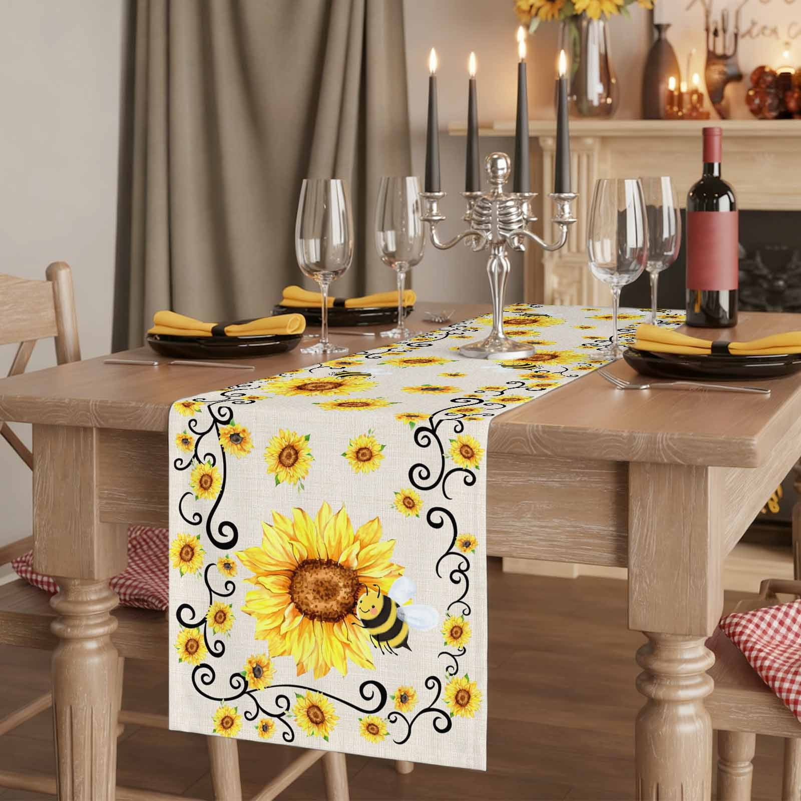 Sunflower Bees Burlap Cotton Table Runner 13x90 Inches Long, Spring Summer Farmhouse Floral Beige Burlap Farmhouse Table Runners, Outdoor Dining Tablecloths Decor for Baby Shower/Party/Wedding