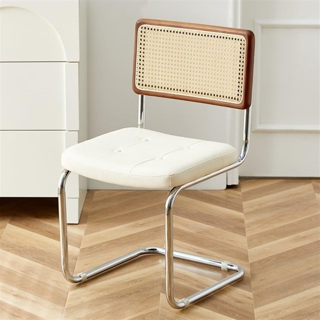 Stool, Retro Dining Chairs with Rattan Backrest Rattan Chair with Stainless Steel Frame Faux Leather Dining Chairs for Kitchen Living Room Dining Room(White)