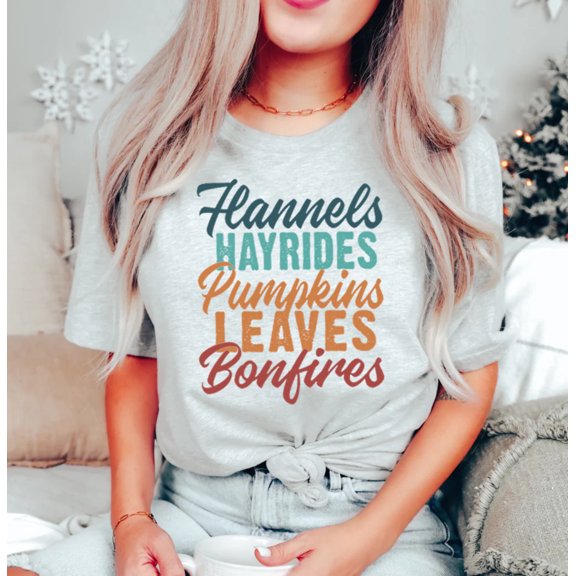 FLANNELS HAYRIDES PUMPKINS LEAVES BONFIRES Graphic Plus Short sleeve T-Shirt