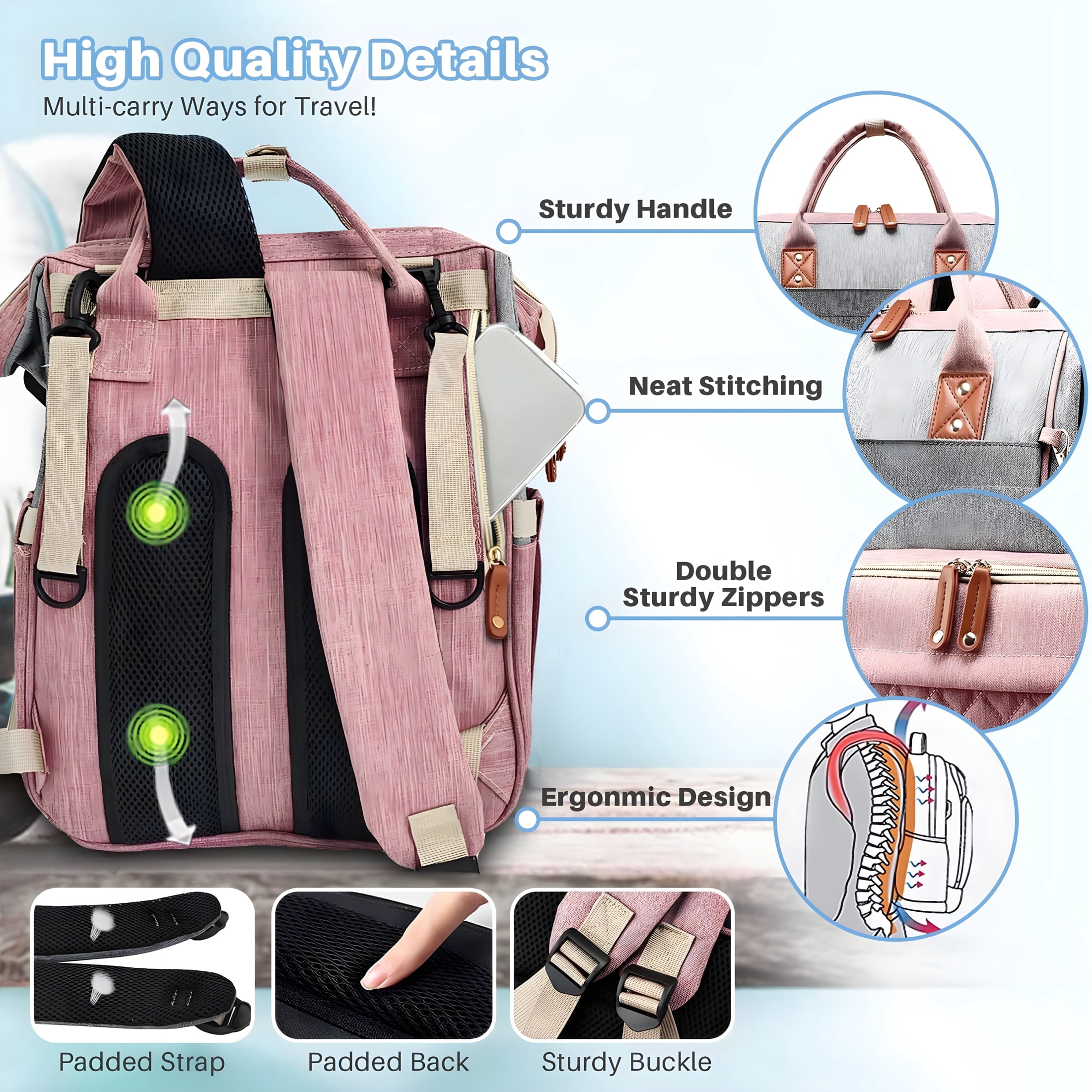 GASTROPOD 2026 New Baby Diaper Bag Backpack,Multifunction Waterproof Baby Bag with Usb Charging Port,Stroller Straps and Pacifier Case Unisex for Travel,Stroller,Daycare,Park,Shopping Pink