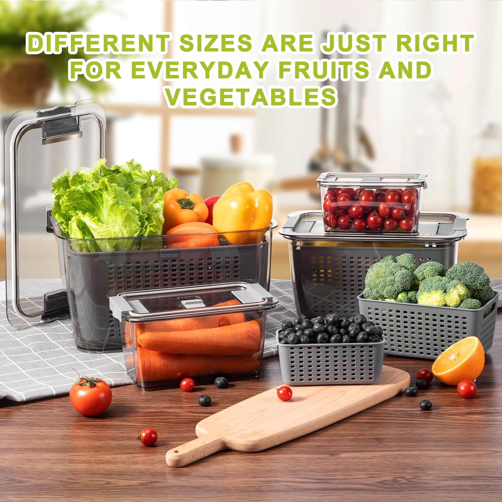 LUXEAR 4 Pack Vegetable Storage Containers for Fridge, Fruit Container with Lids &Removable Colander Large Fridge Organizer BPA-free for Fruit Vegetable, Berry, Meat Storage keep Fresh Longer Gray