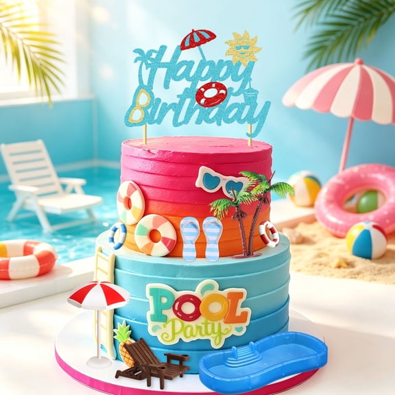 Pool Party Birthday Cake Decorations - Summer Scene-Style Decor Set with Tropical Props & Themed Accessories