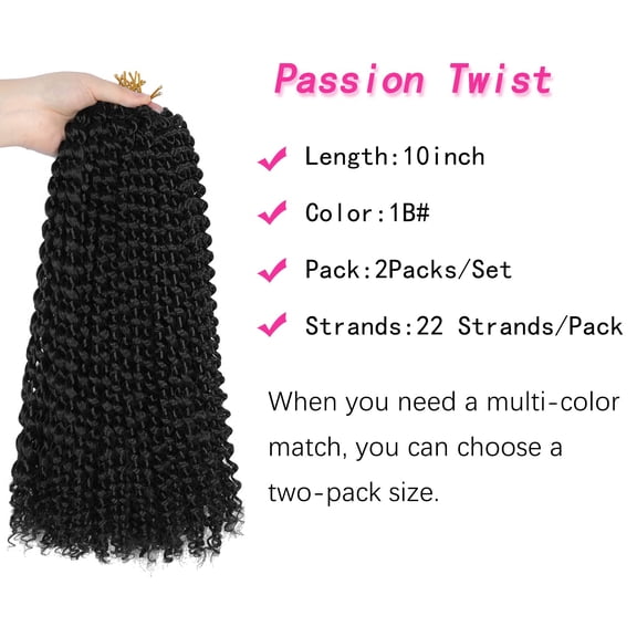 WEIF-10 Inch Passion Twist Hair, Black Water Wave Crochet Hair Short Passion Twist Crochet Hair For Women 22 Strands/Pack Passion Twists Curly Braiding Hair Extensions (10 Inch (Pack of 2),1B)