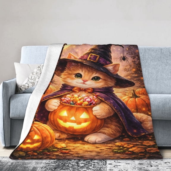 Halloween Blanket Gift Throw Blanket Cozy Soft Home Decor Cute Witch Cat Pumpkin Pattern Gift for Family Cozy Decor 50x40
