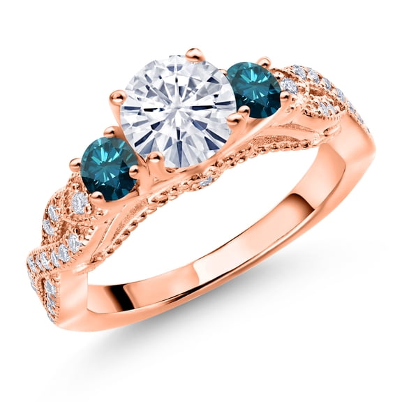 Gem Stone King 18K Rose Gold Plated Silver White Moissanite Blue Diamond and White Moissanite Engagement Ring for Women (1.27 Cttw, Gemstone, Round 6MM and 3MM, Size 8)