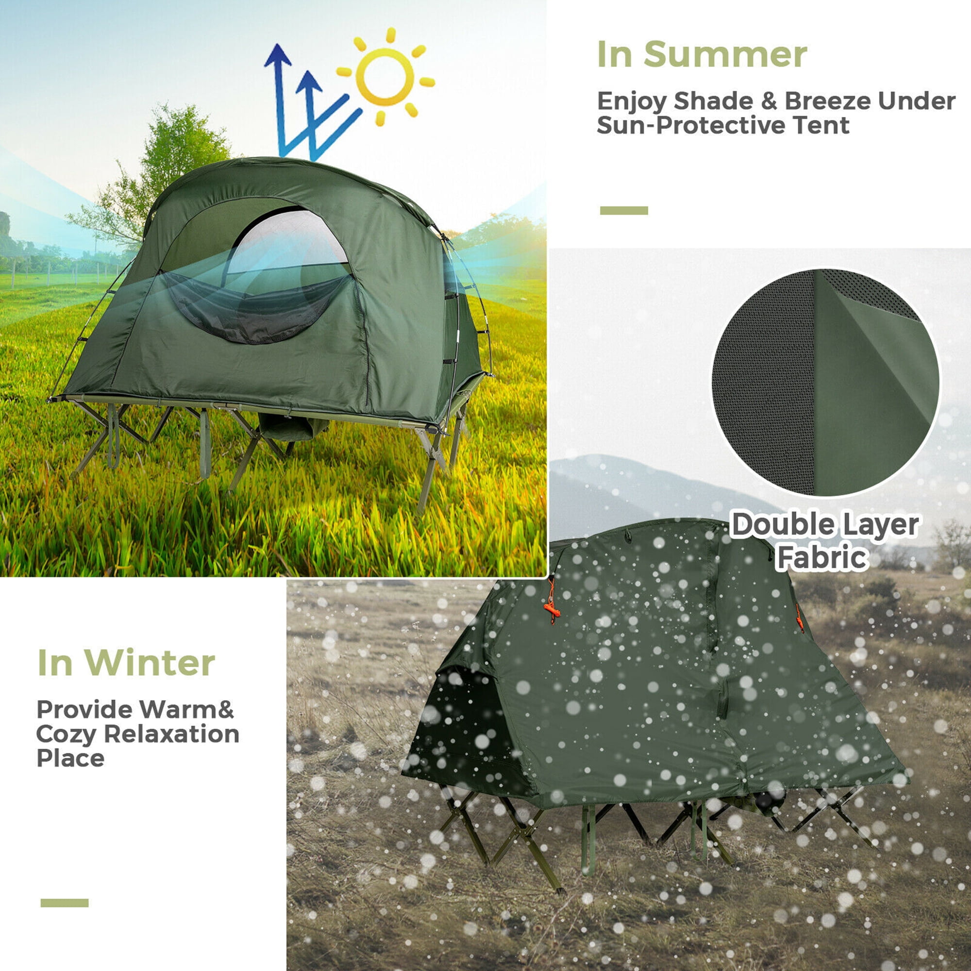 Gymax 2-Person Outdoor Camping Tent Cot Compact Elevated Tent Set W/ External Cover Green